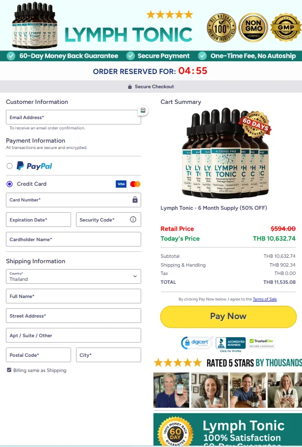 Lymph Tonic secure checkout page with package options and order protection